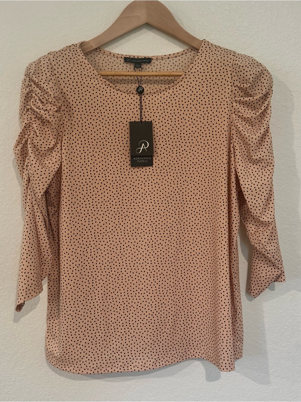 Adrianna Papell Blush Pink Polka Dot Ruched-Sleeve Top